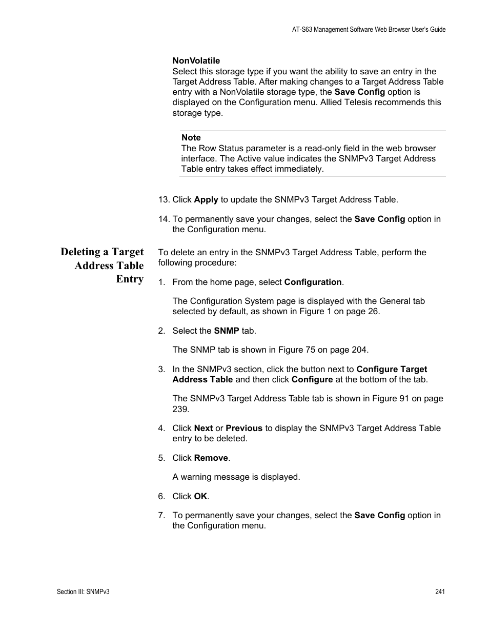 Deleting a target address table entry | Allied Telesis AT-S63 User Manual | Page 241 / 410