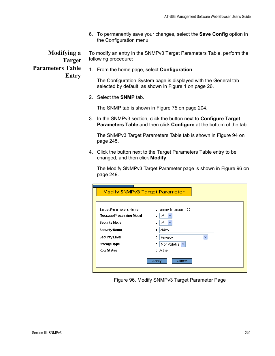 Modifying a target parameters table entry | Allied Telesis AT-S63 User Manual | Page 249 / 410