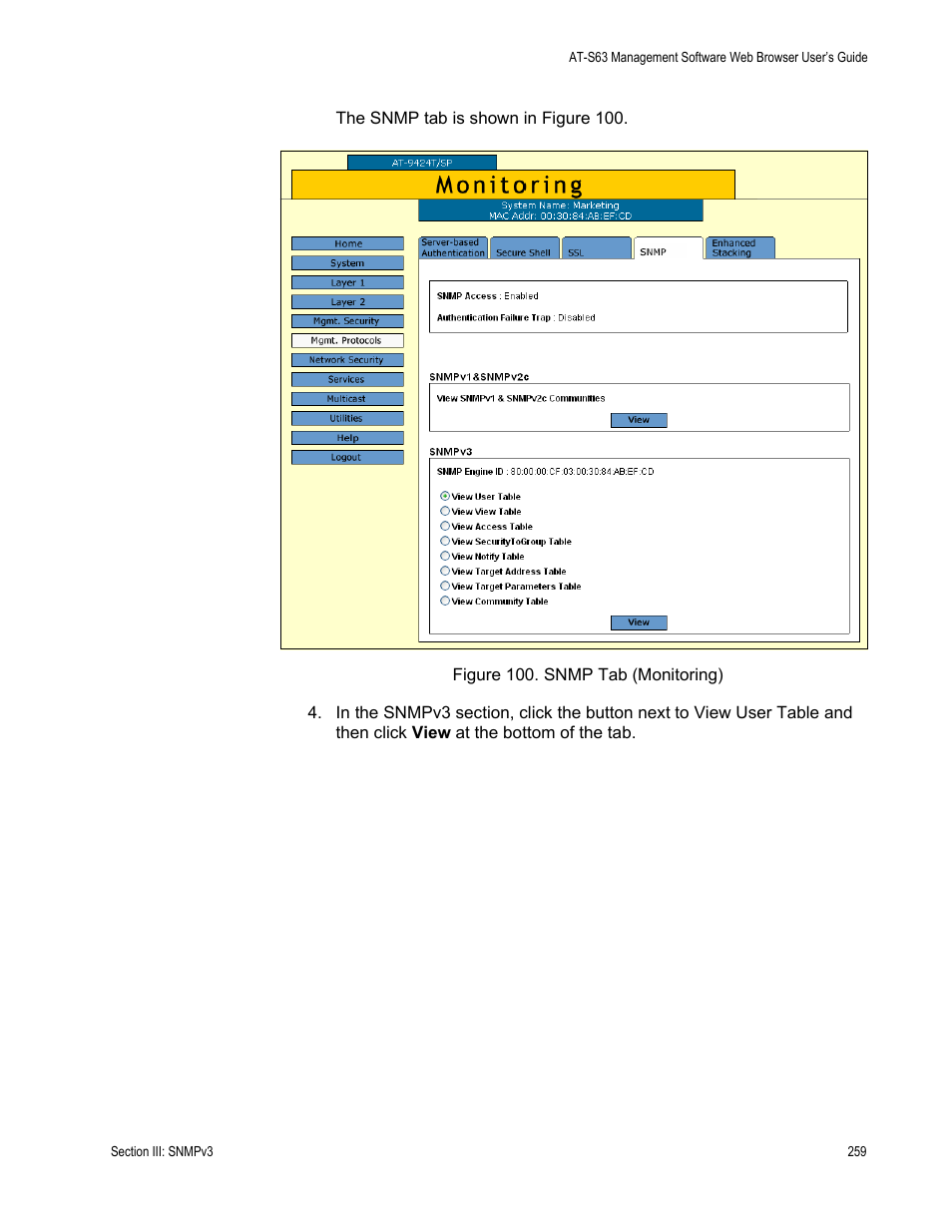 Figure 100: snmp tab (monitoring) | Allied Telesis AT-S63 User Manual | Page 259 / 410