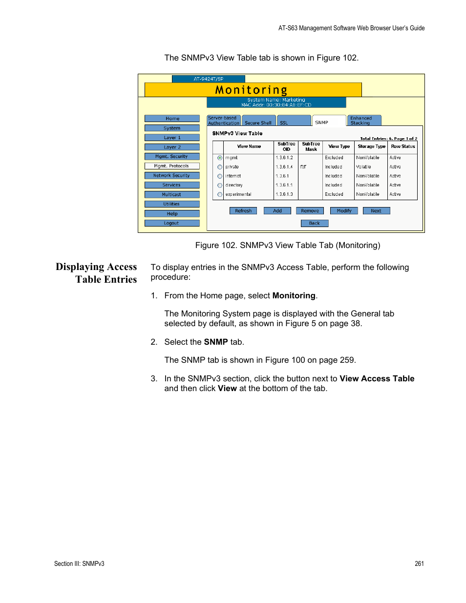 Displaying access table entries, Figure 102: snmpv3 view table tab (monitoring) | Allied Telesis AT-S63 User Manual | Page 261 / 410