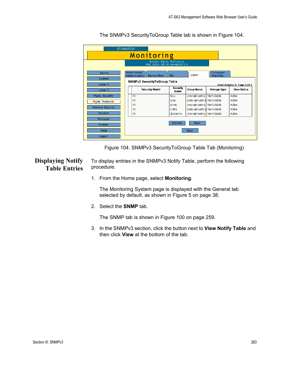 Displaying notify table entries | Allied Telesis AT-S63 User Manual | Page 263 / 410