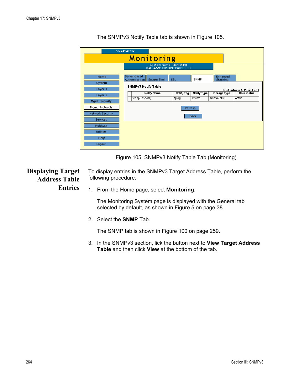 Displaying target address table entries, Figure 105: snmpv3 notify table tab (monitoring) | Allied Telesis AT-S63 User Manual | Page 264 / 410