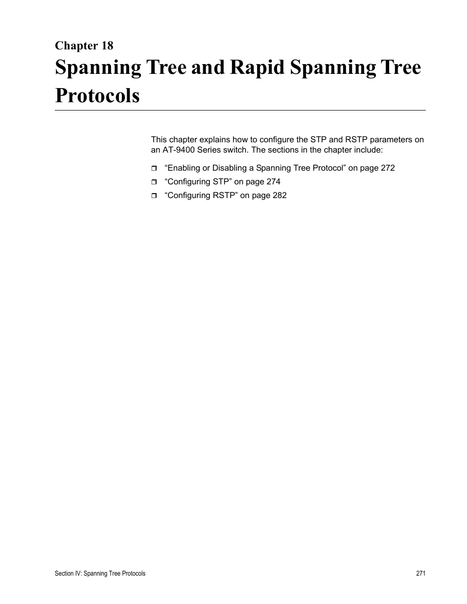 Chapter 18, Spanning tree and rapid spanning tree protocols | Allied Telesis AT-S63 User Manual | Page 271 / 410