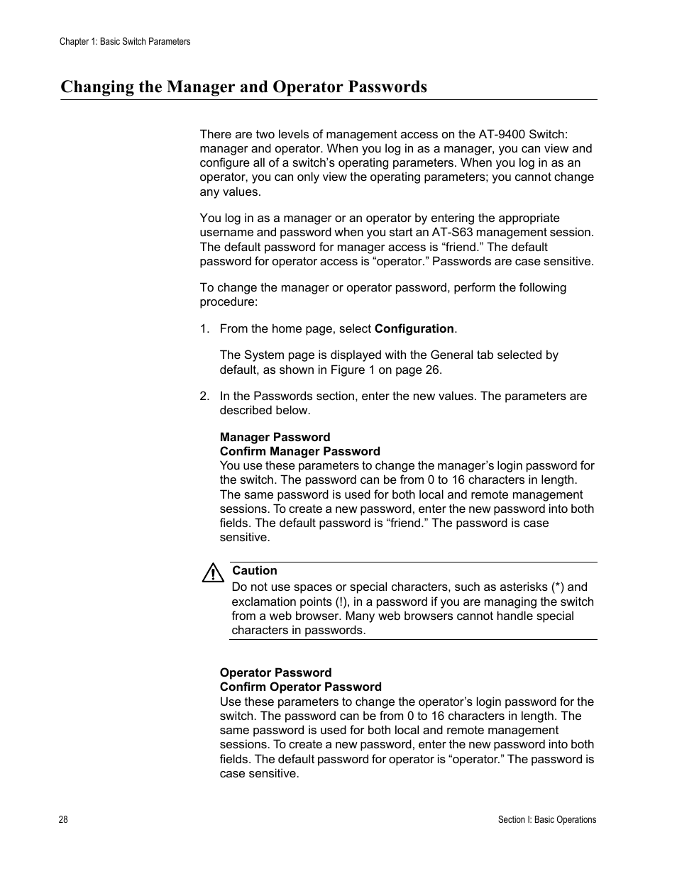 Changing the manager and operator passwords | Allied Telesis AT-S63 User Manual | Page 28 / 410
