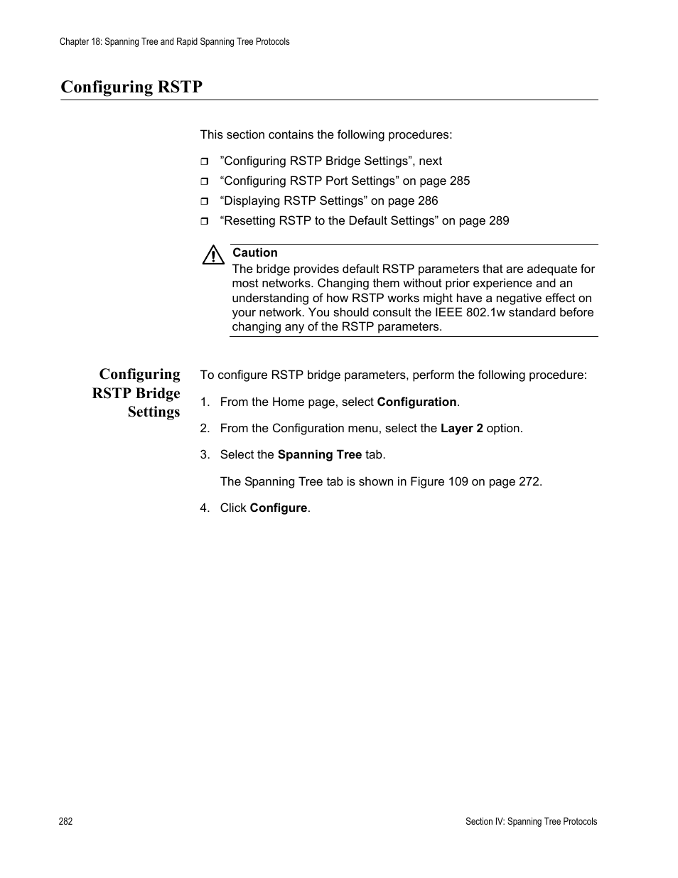 Configuring rstp, Configuring rstp bridge settings | Allied Telesis AT-S63 User Manual | Page 282 / 410