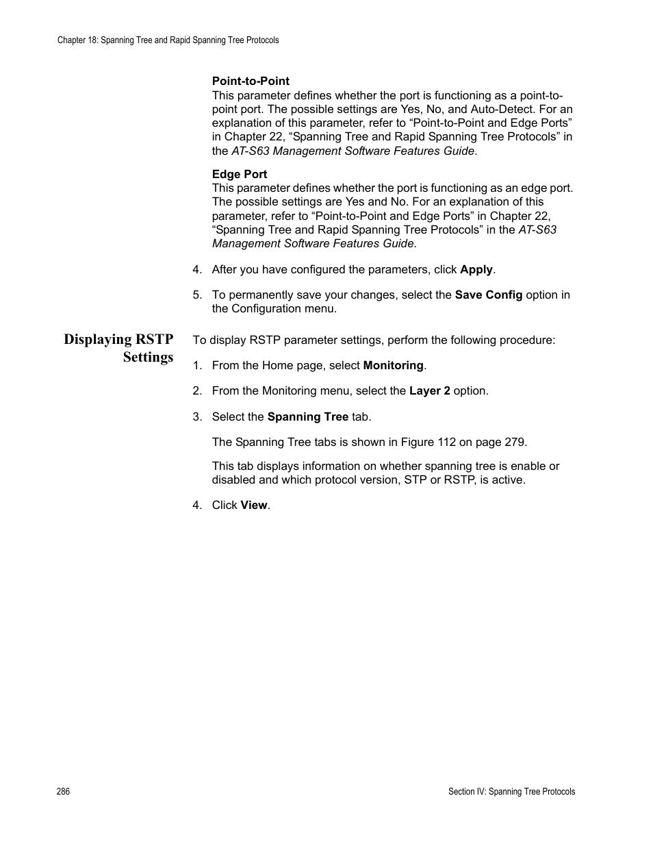 Displaying rstp settings | Allied Telesis AT-S63 User Manual | Page 286 / 410