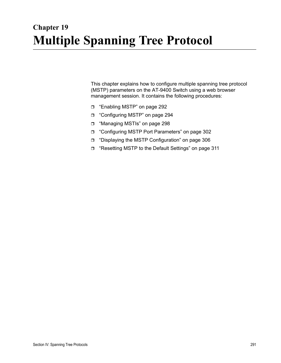 Chapter 19, Multiple spanning tree protocol, Chapter 19: multiple spanning tree protocol | Allied Telesis AT-S63 User Manual | Page 291 / 410