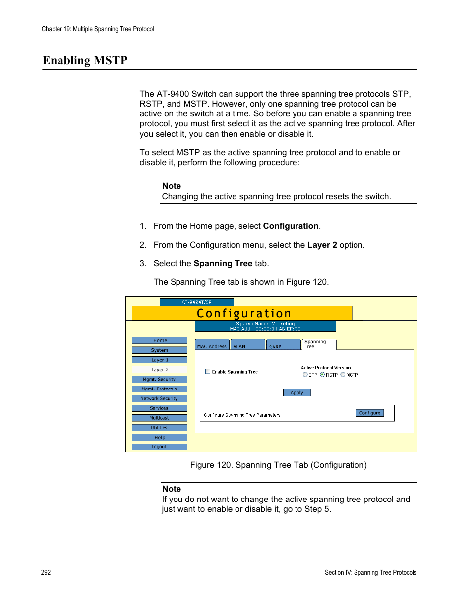 Enabling mstp, Figure 120: spanning tree tab (configuration) | Allied Telesis AT-S63 User Manual | Page 292 / 410