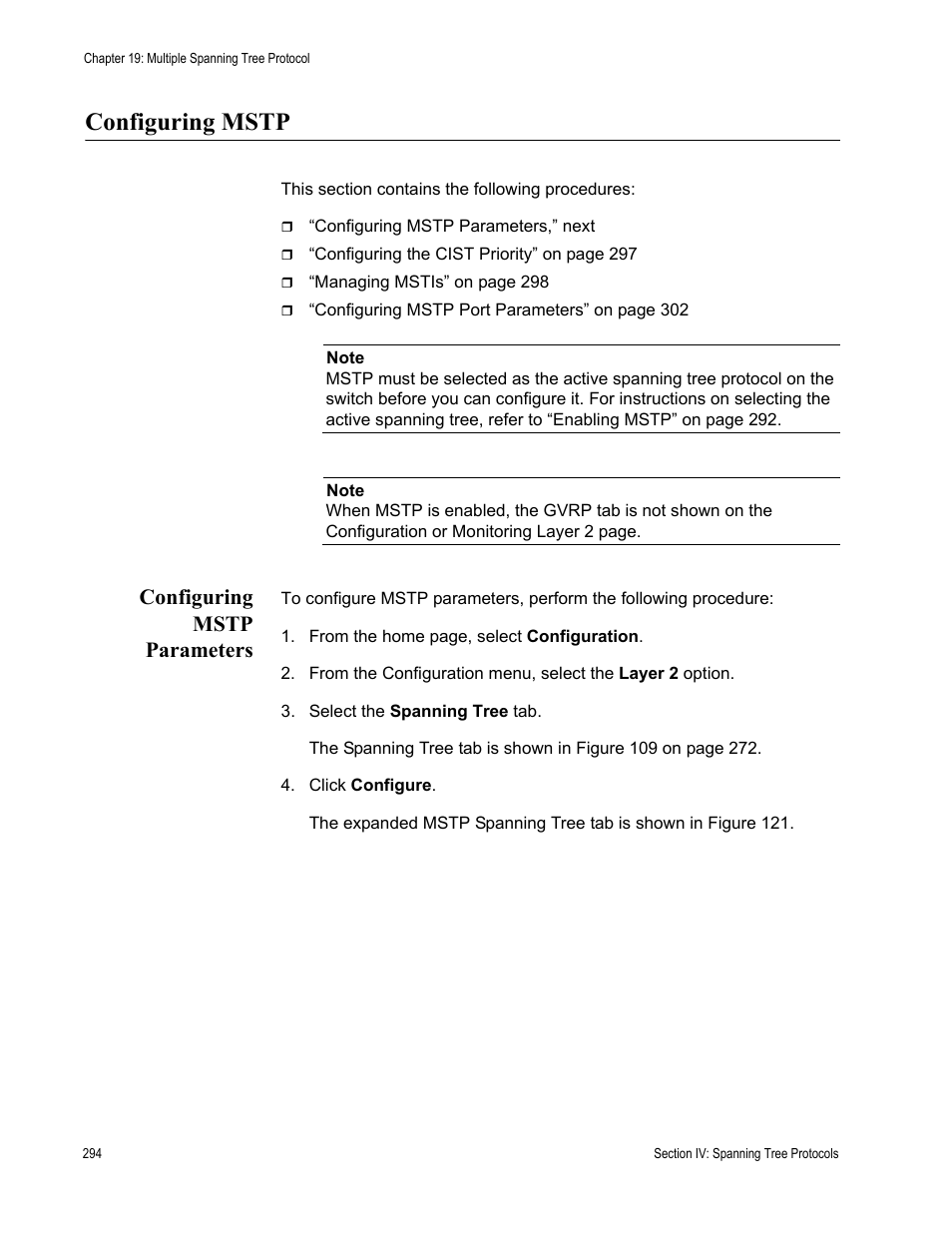 Configuring mstp, Configuring mstp parameters | Allied Telesis AT-S63 User Manual | Page 294 / 410