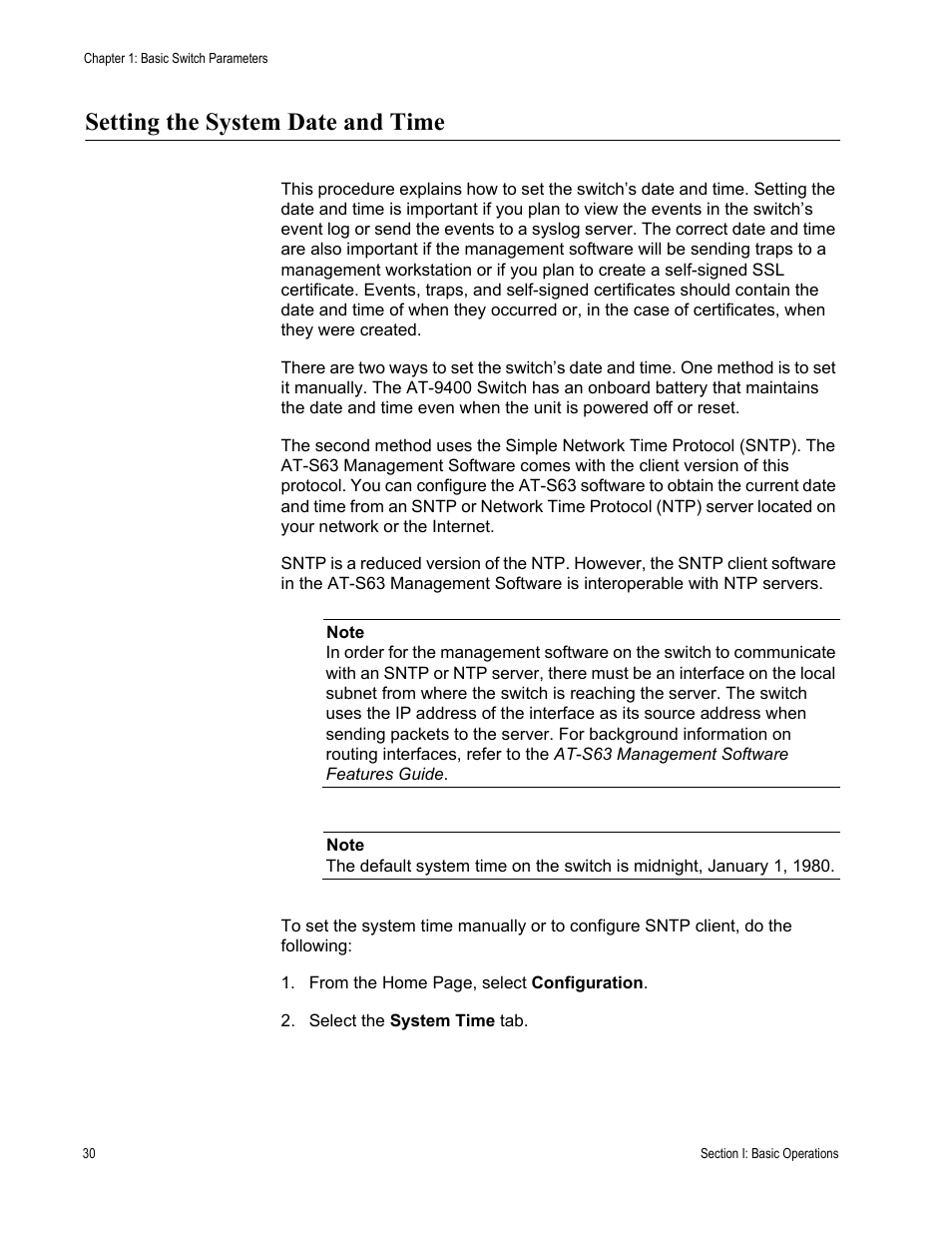 Setting the system date and time | Allied Telesis AT-S63 User Manual | Page 30 / 410