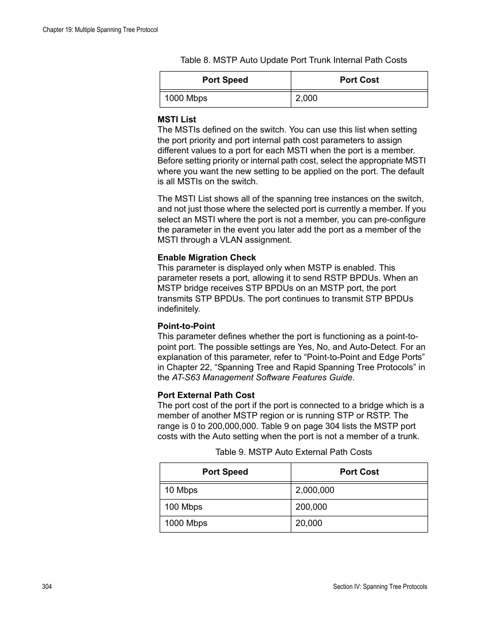 Table 9: mstp auto external path costs | Allied Telesis AT-S63 User Manual | Page 304 / 410