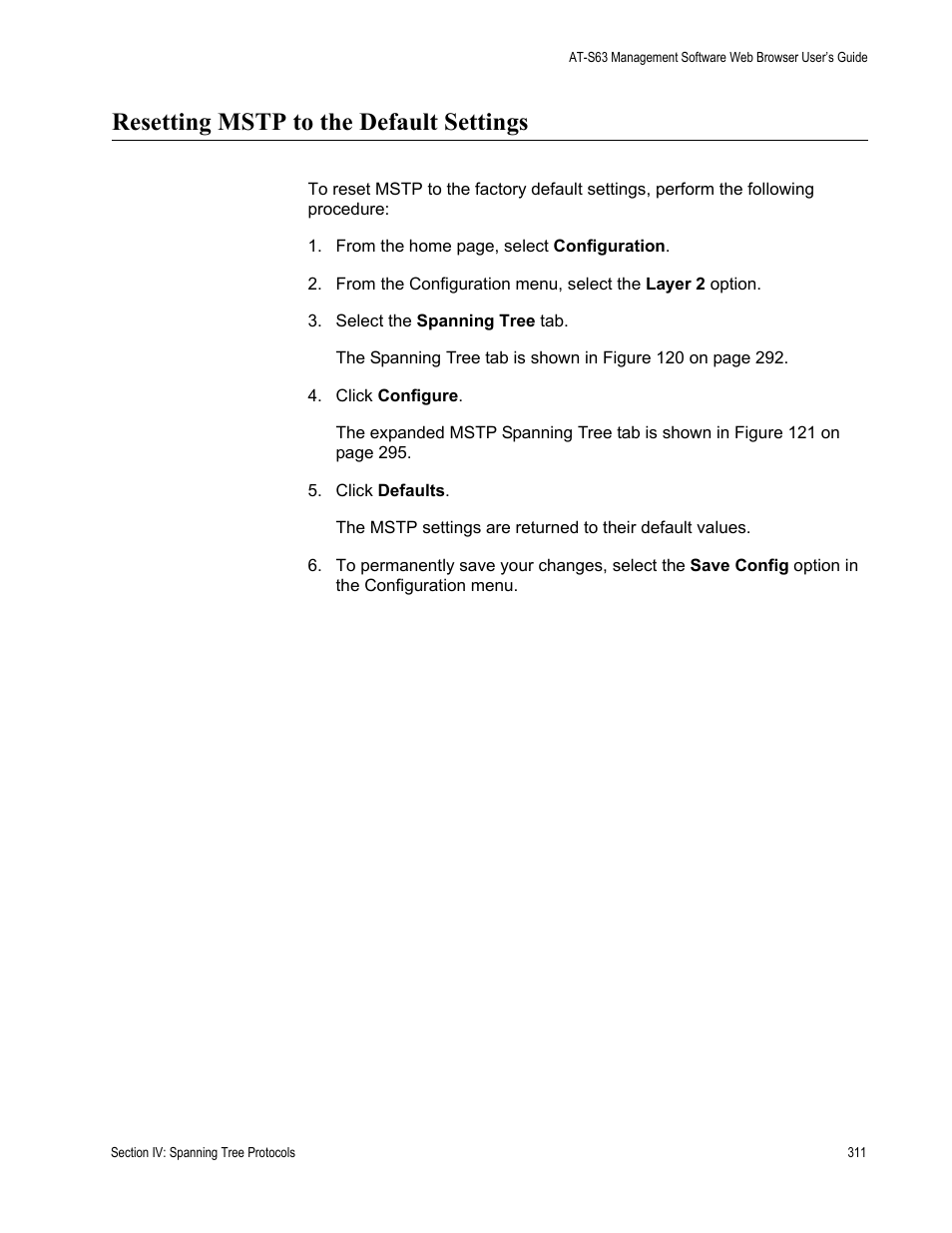 Resetting mstp to the default settings | Allied Telesis AT-S63 User Manual | Page 311 / 410