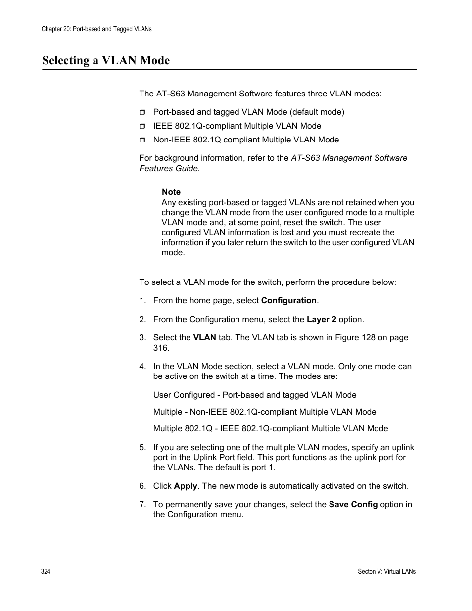 Selecting a vlan mode | Allied Telesis AT-S63 User Manual | Page 324 / 410