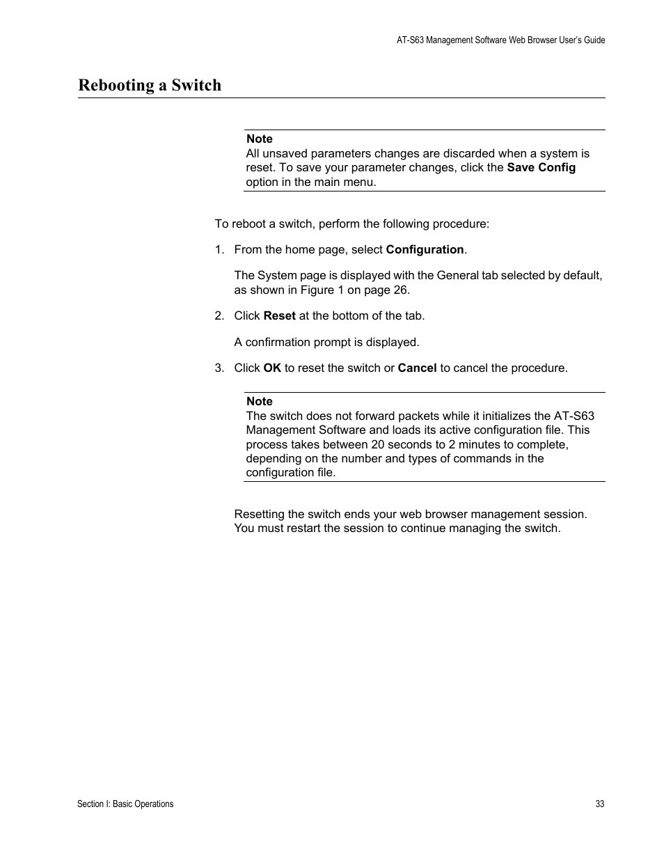Rebooting a switch | Allied Telesis AT-S63 User Manual | Page 33 / 410