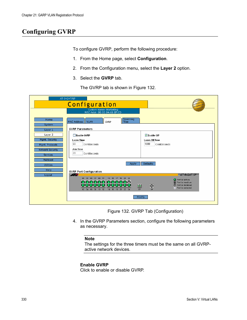 Configuring gvrp, Figure 132: gvrp tab (configuration) | Allied Telesis AT-S63 User Manual | Page 330 / 410