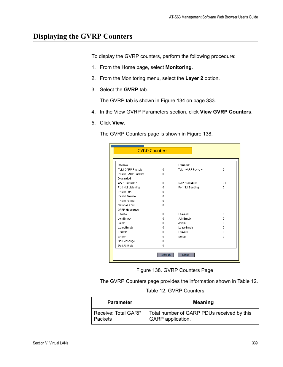 Displaying the gvrp counters, Gvrp counters | Allied Telesis AT-S63 User Manual | Page 339 / 410