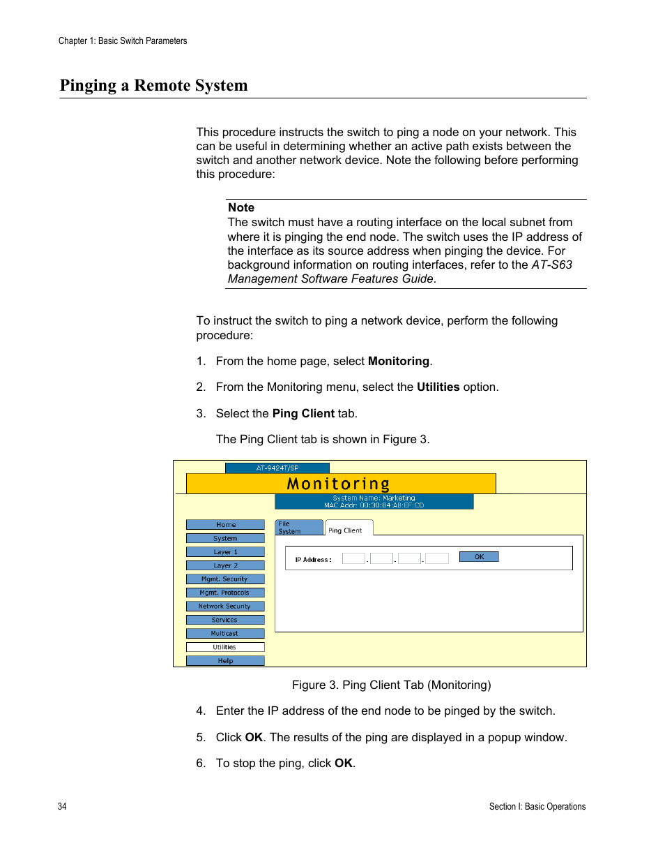 Pinging a remote system, Figure 3: ping client tab (monitoring) | Allied Telesis AT-S63 User Manual | Page 34 / 410