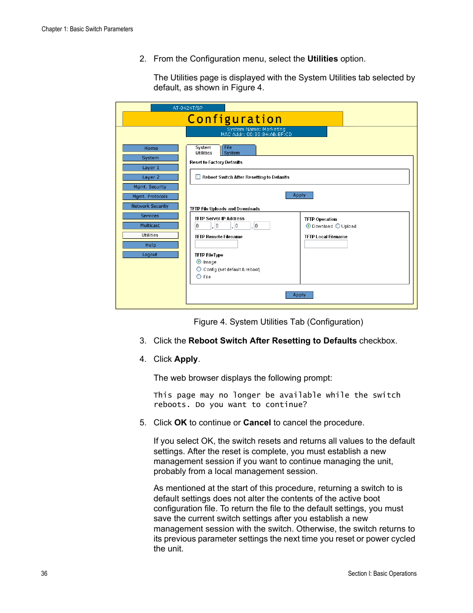 Figure 4: system utilities tab (configuration) | Allied Telesis AT-S63 User Manual | Page 36 / 410