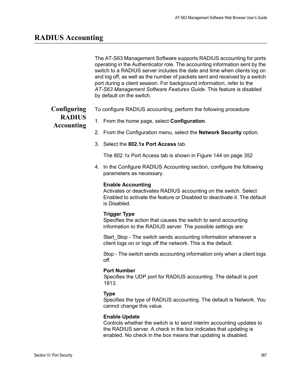 Radius accounting, Configuring radius accounting | Allied Telesis AT-S63 User Manual | Page 367 / 410