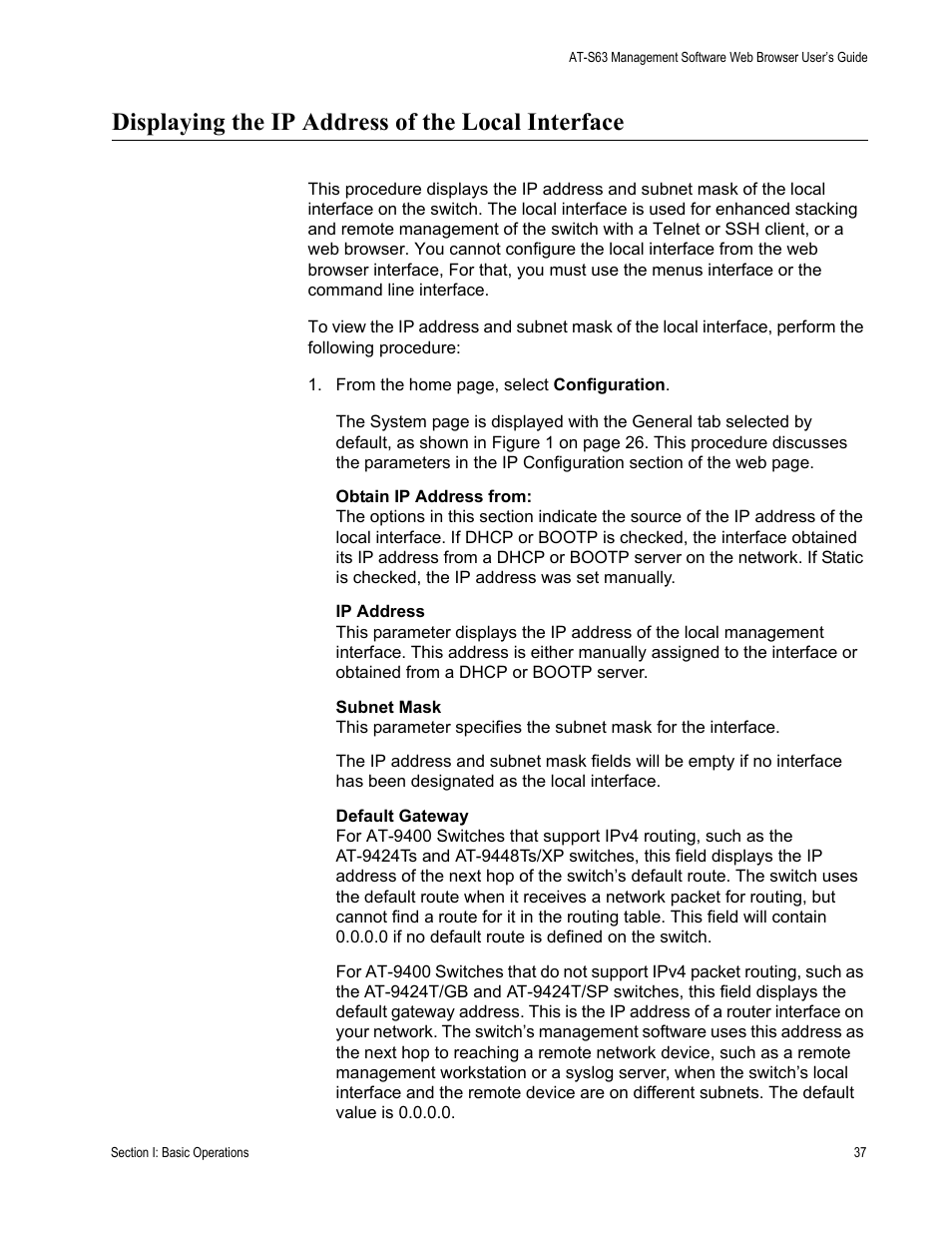 Displaying the ip address of the local interface | Allied Telesis AT-S63 User Manual | Page 37 / 410