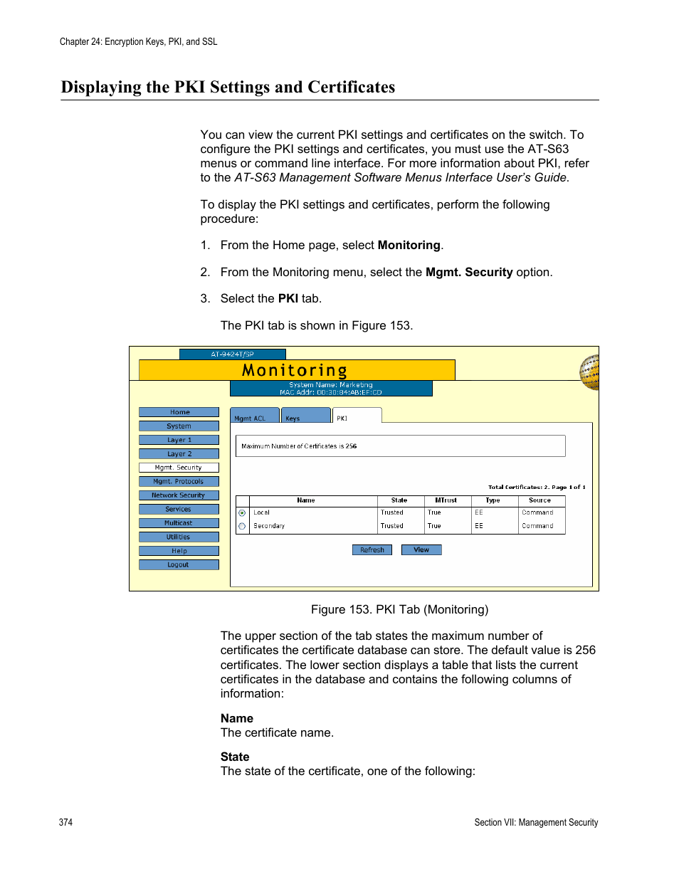 Displaying the pki settings and certificates, Figure 153: pki tab (monitoring) | Allied Telesis AT-S63 User Manual | Page 374 / 410