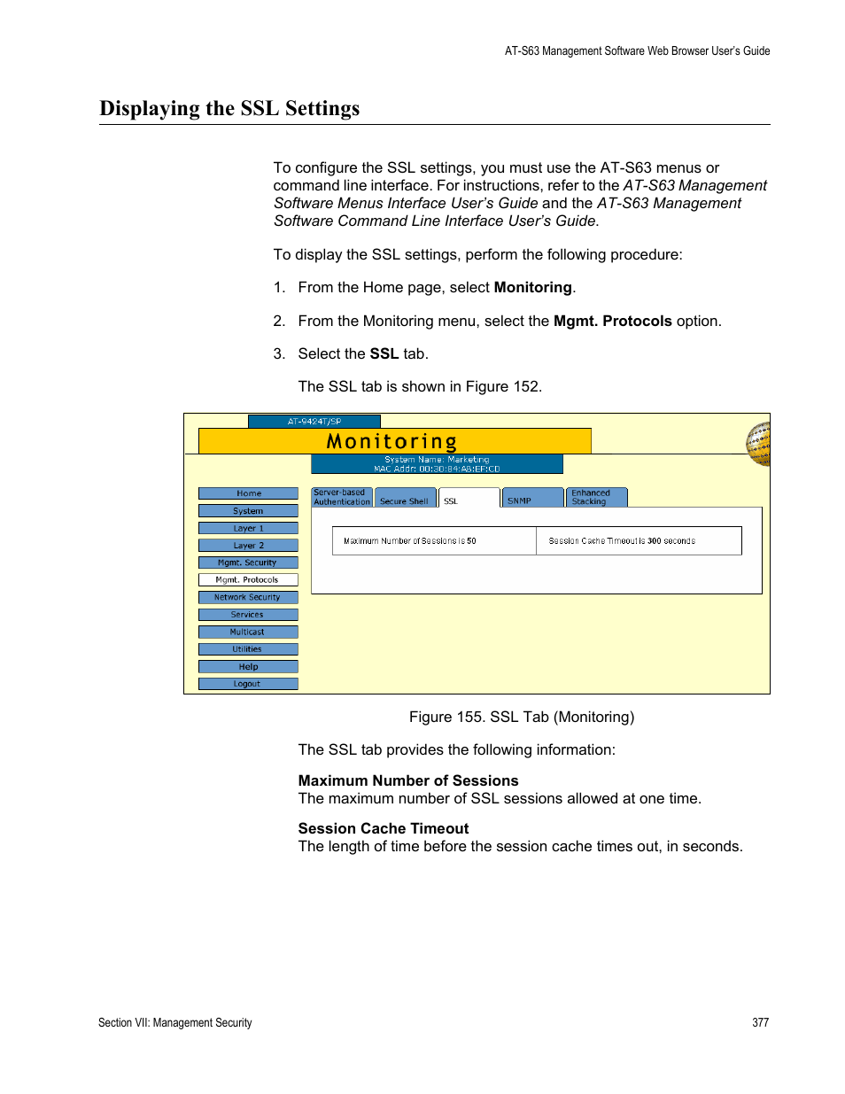 Displaying the ssl settings, Figure 155: ssl tab (monitoring) | Allied Telesis AT-S63 User Manual | Page 377 / 410