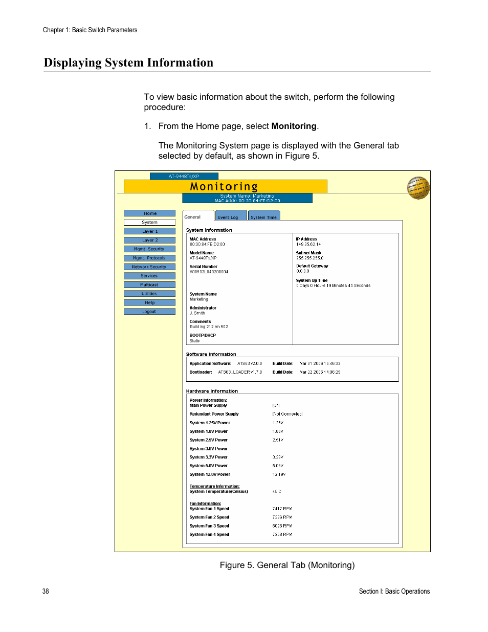 Displaying system information, Figure 5: general tab (monitoring) | Allied Telesis AT-S63 User Manual | Page 38 / 410