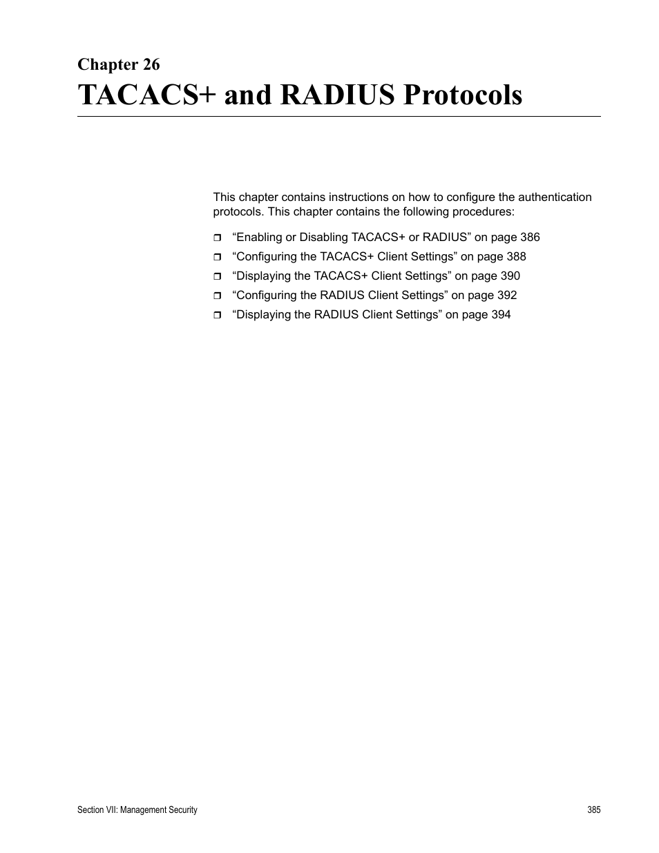 Chapter 26, Tacacs+ and radius protocols, Chapter 26: tacacs+ and radius protocols | Allied Telesis AT-S63 User Manual | Page 385 / 410