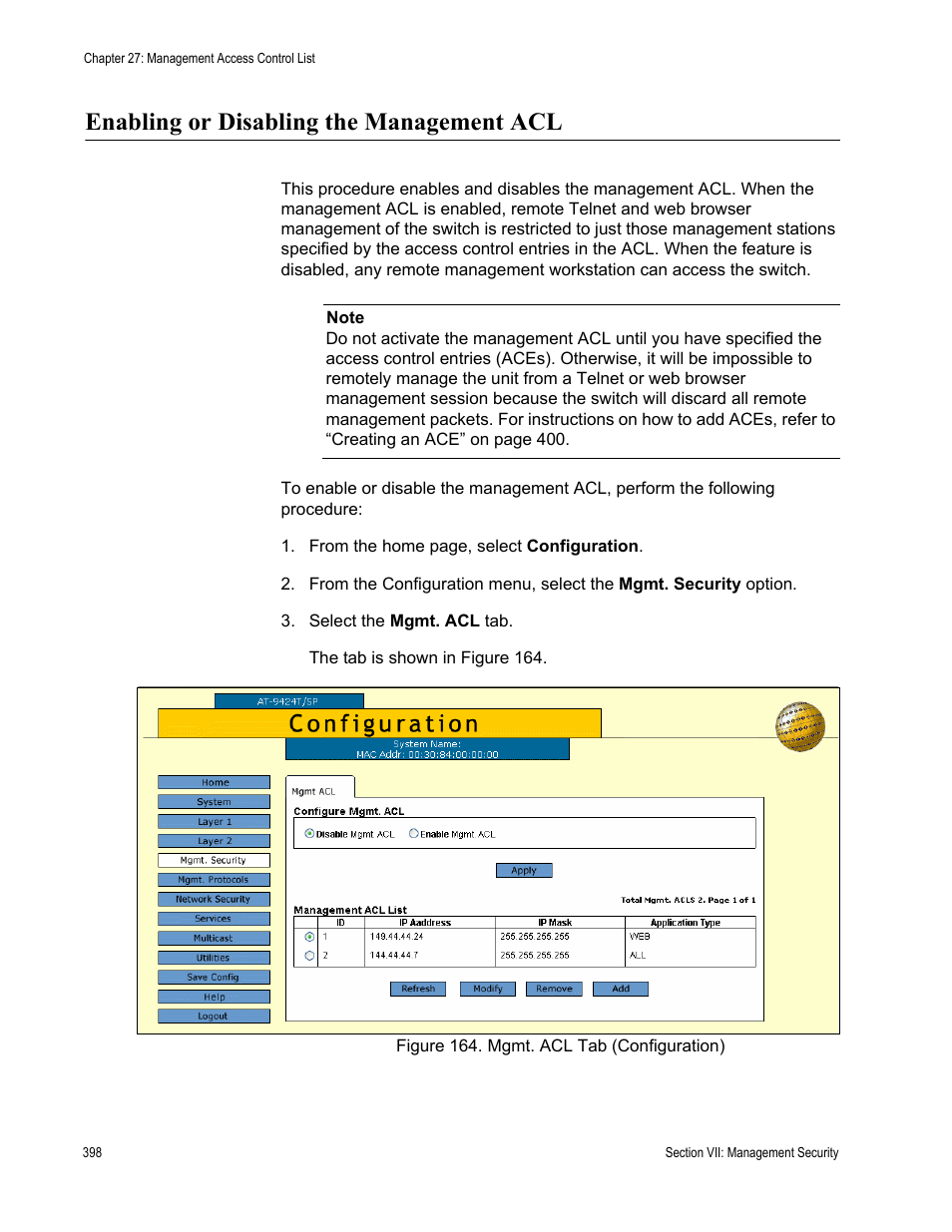 Enabling or disabling the management acl, Figure 164: mgmt. acl tab (configuration) | Allied Telesis AT-S63 User Manual | Page 398 / 410