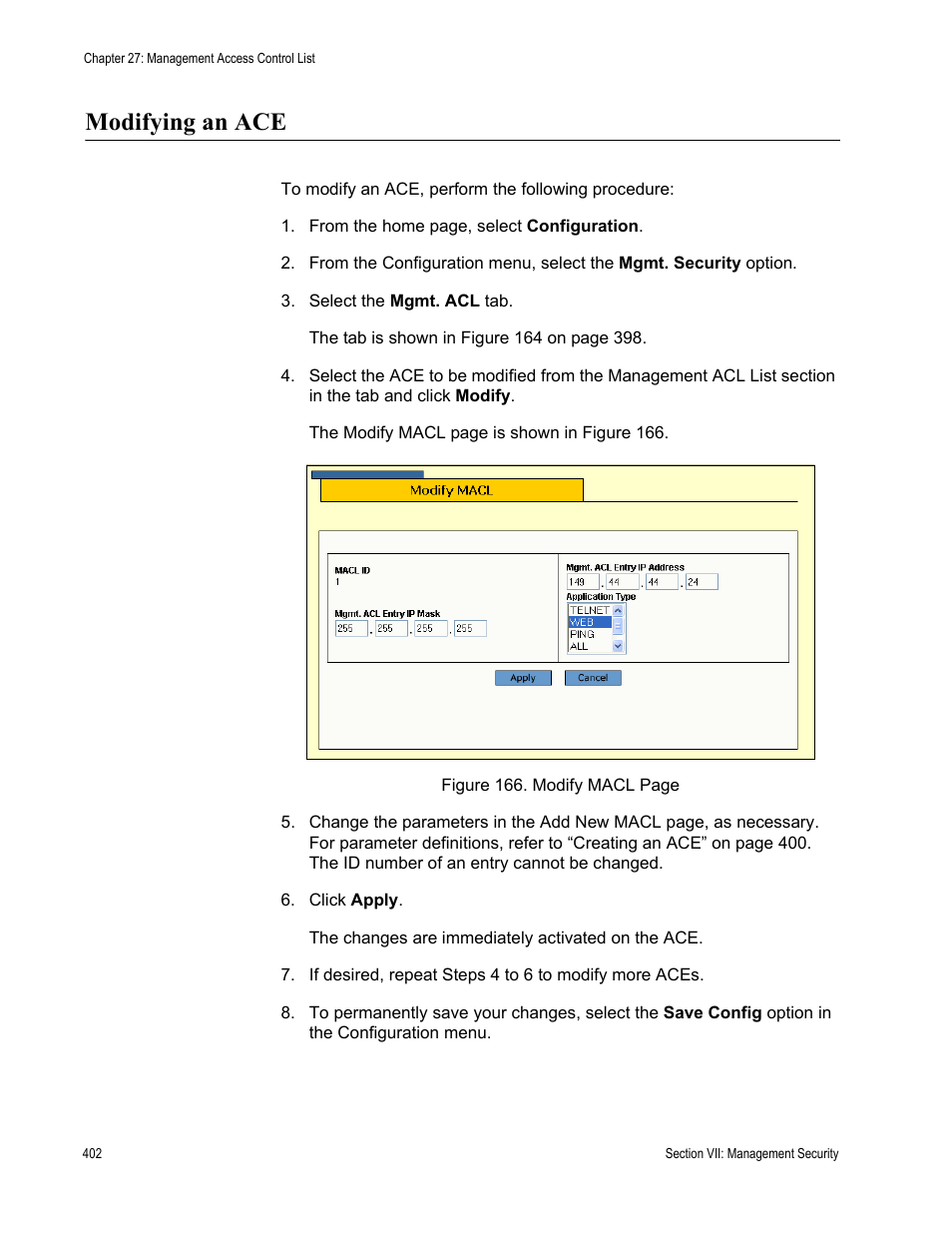 Modifying an ace | Allied Telesis AT-S63 User Manual | Page 402 / 410
