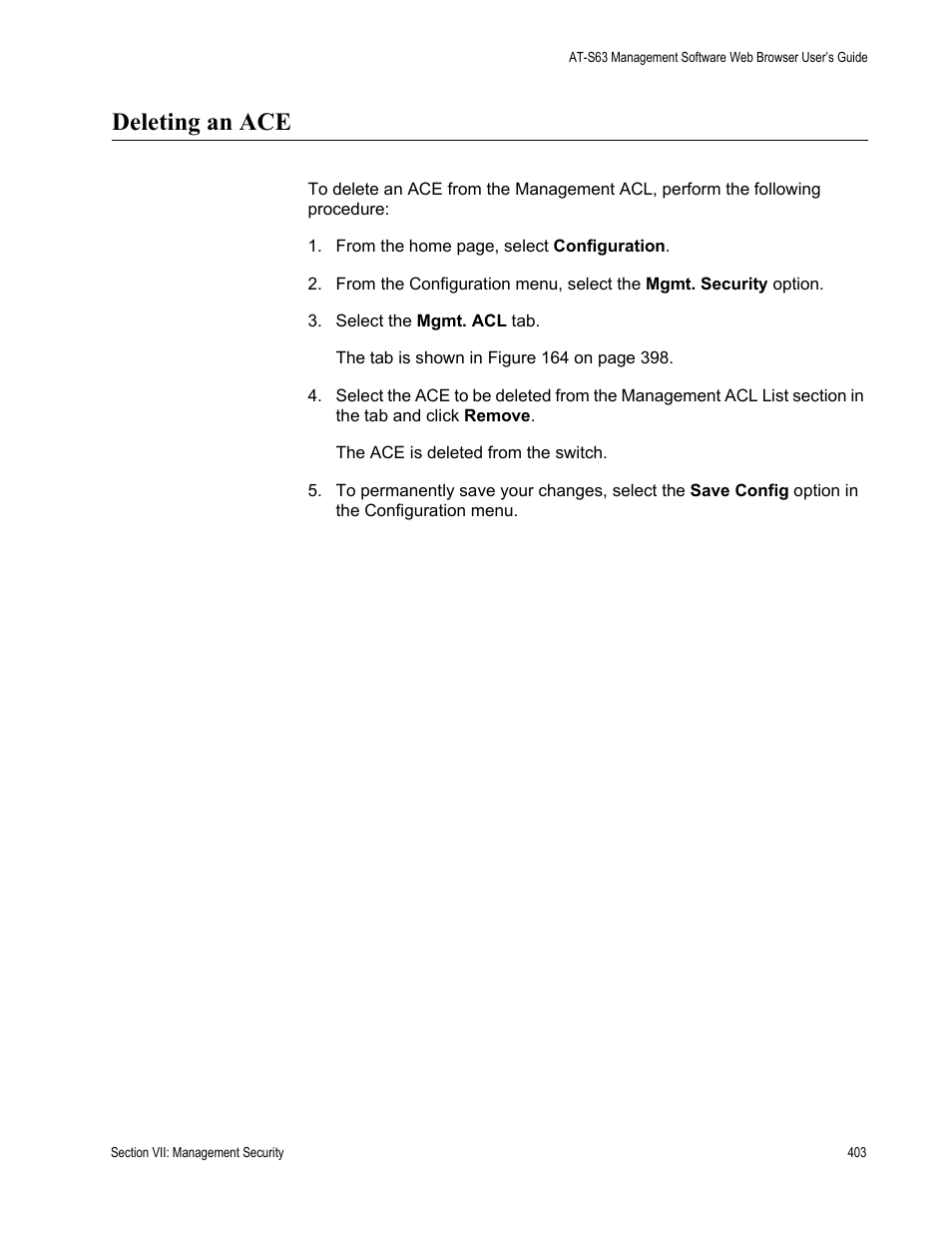Deleting an ace | Allied Telesis AT-S63 User Manual | Page 403 / 410