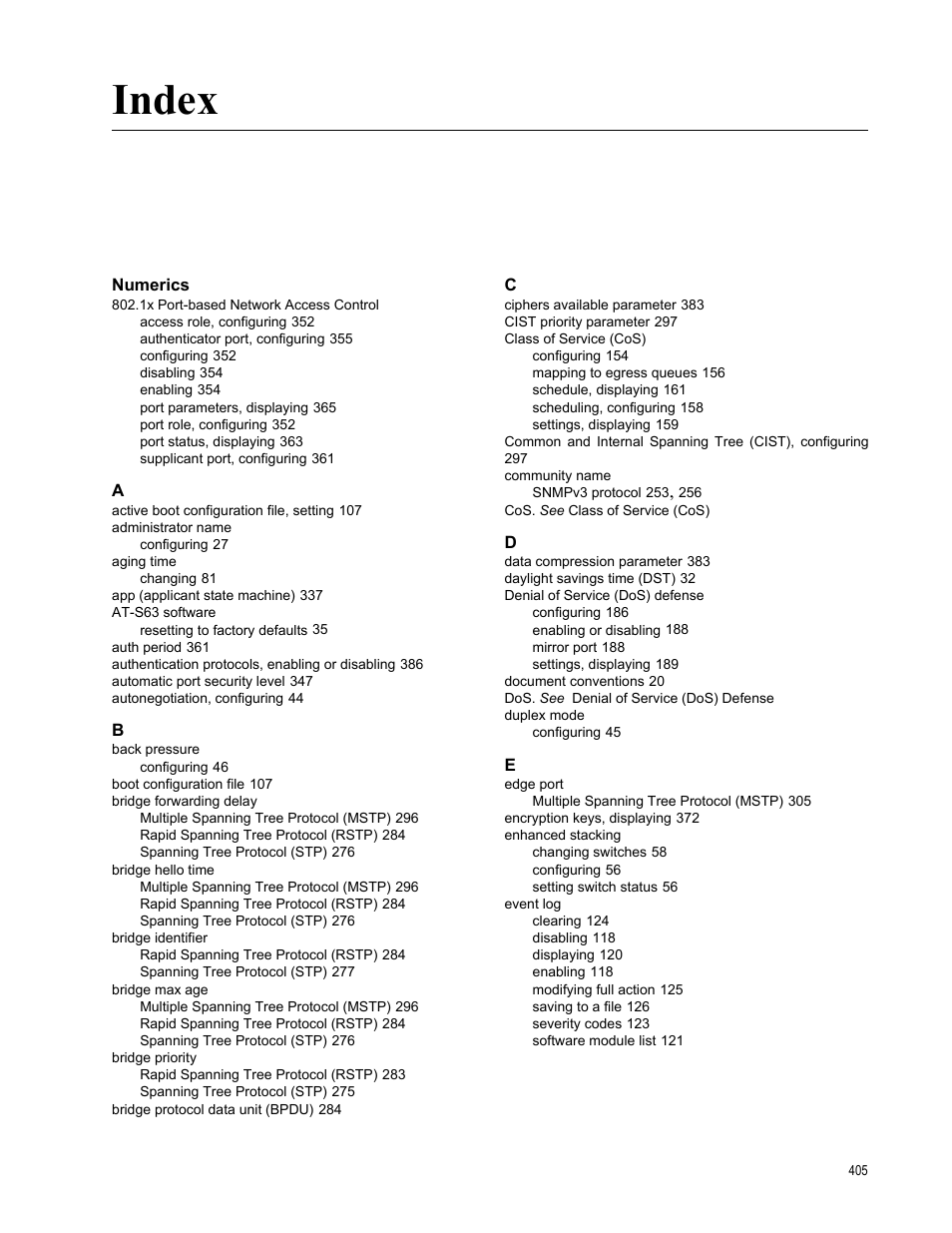 Index, Numerics | Allied Telesis AT-S63 User Manual | Page 405 / 410