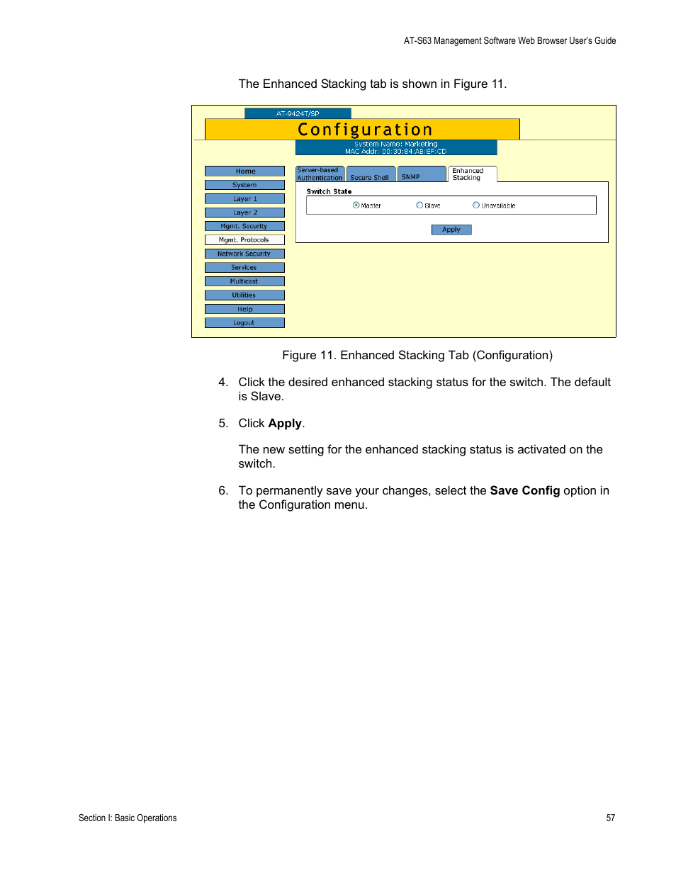 Figure 11: enhanced stacking tab (configuration) | Allied Telesis AT-S63 User Manual | Page 57 / 410