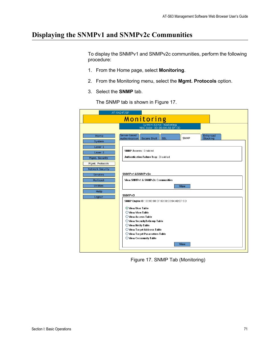 Displaying the snmpv1 and snmpv2c communities, Figure 17: snmp tab (monitoring) | Allied Telesis AT-S63 User Manual | Page 71 / 410