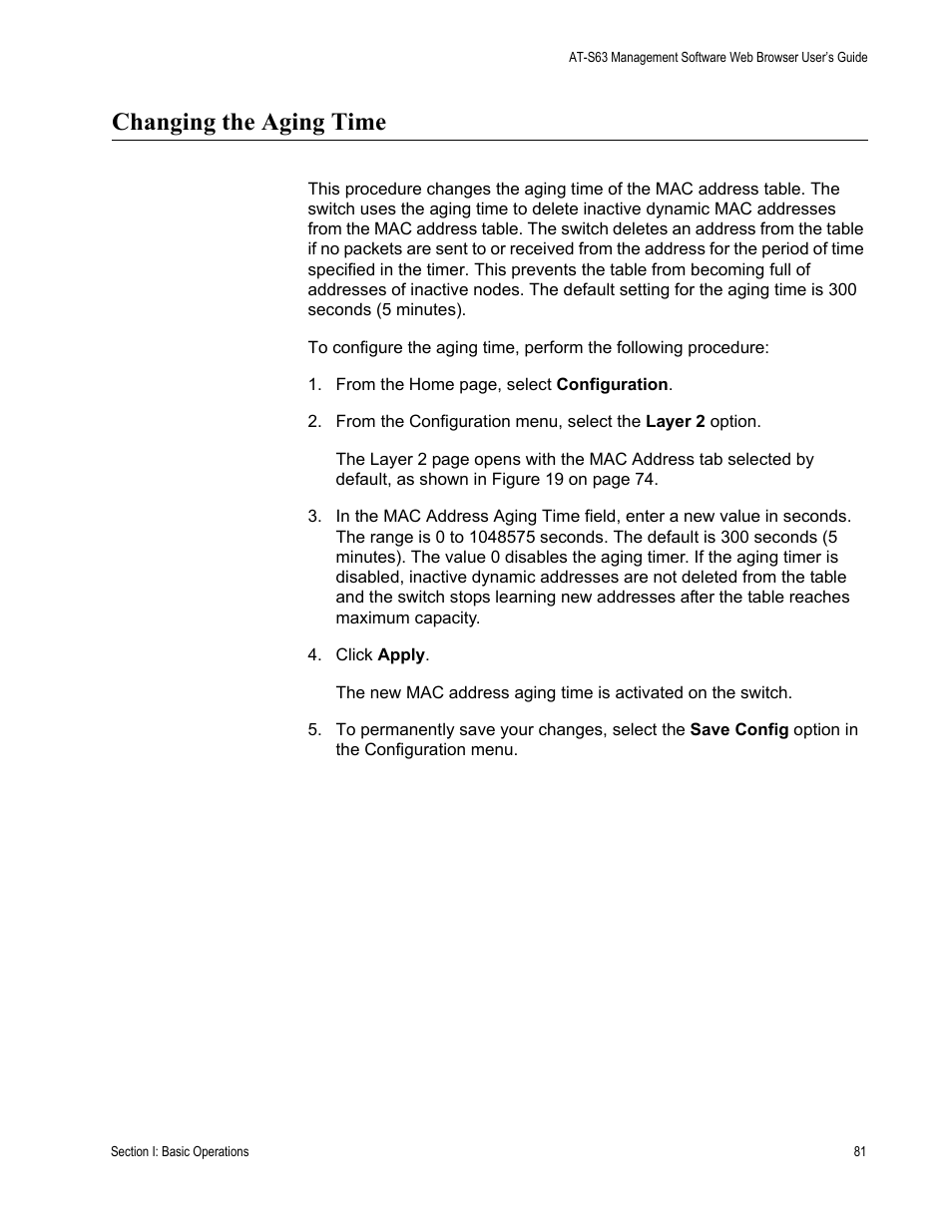 Changing the aging time | Allied Telesis AT-S63 User Manual | Page 81 / 410