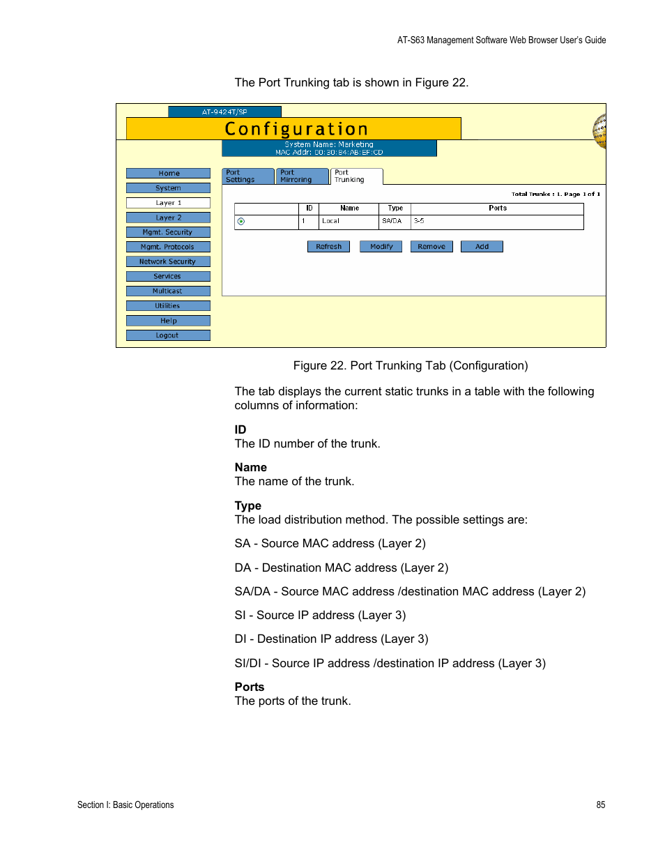 Figure 22: port trunking tab (configuration) | Allied Telesis AT-S63 User Manual | Page 85 / 410