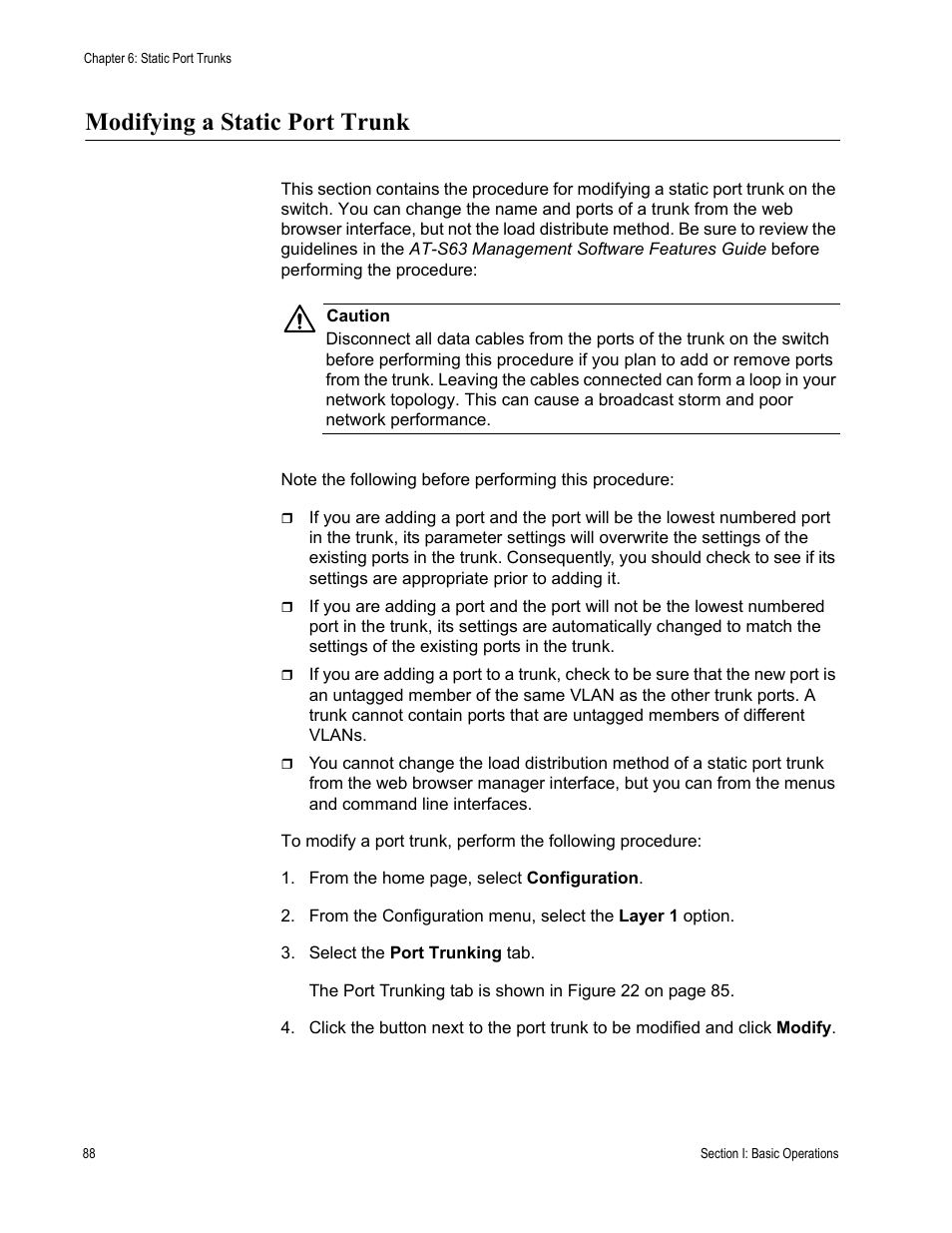 Modifying a static port trunk | Allied Telesis AT-S63 User Manual | Page 88 / 410