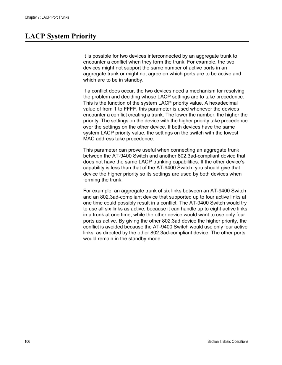 Lacp system priority | Allied Telesis AT-S63 User Manual | Page 106 / 538