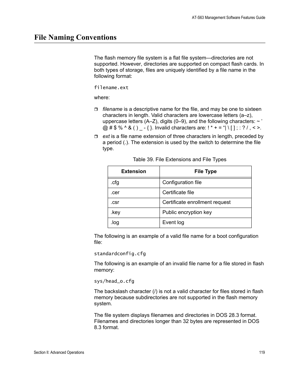 File naming conventions, Table 39: file extensions and file types | Allied Telesis AT-S63 User Manual | Page 119 / 538