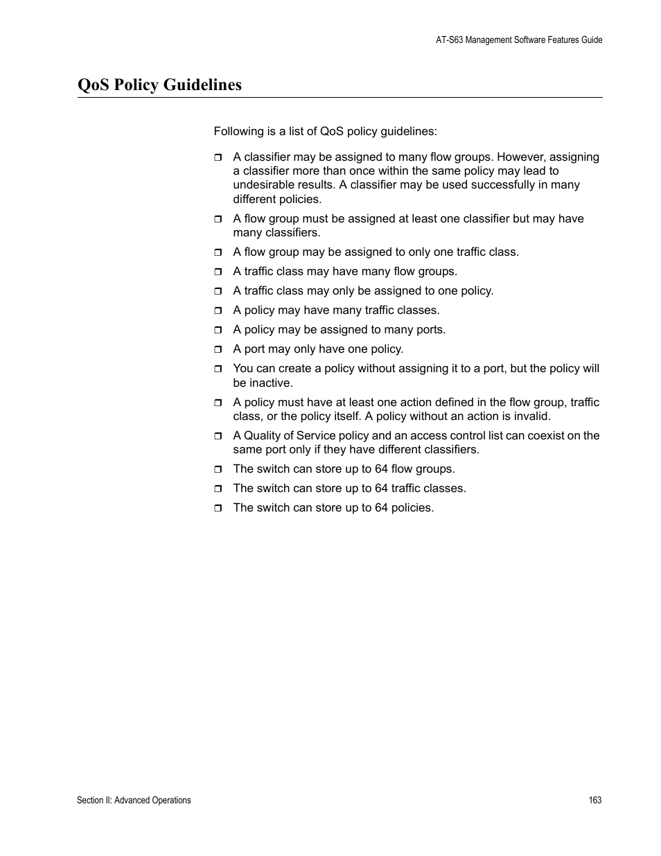 Qos policy guidelines | Allied Telesis AT-S63 User Manual | Page 163 / 538
