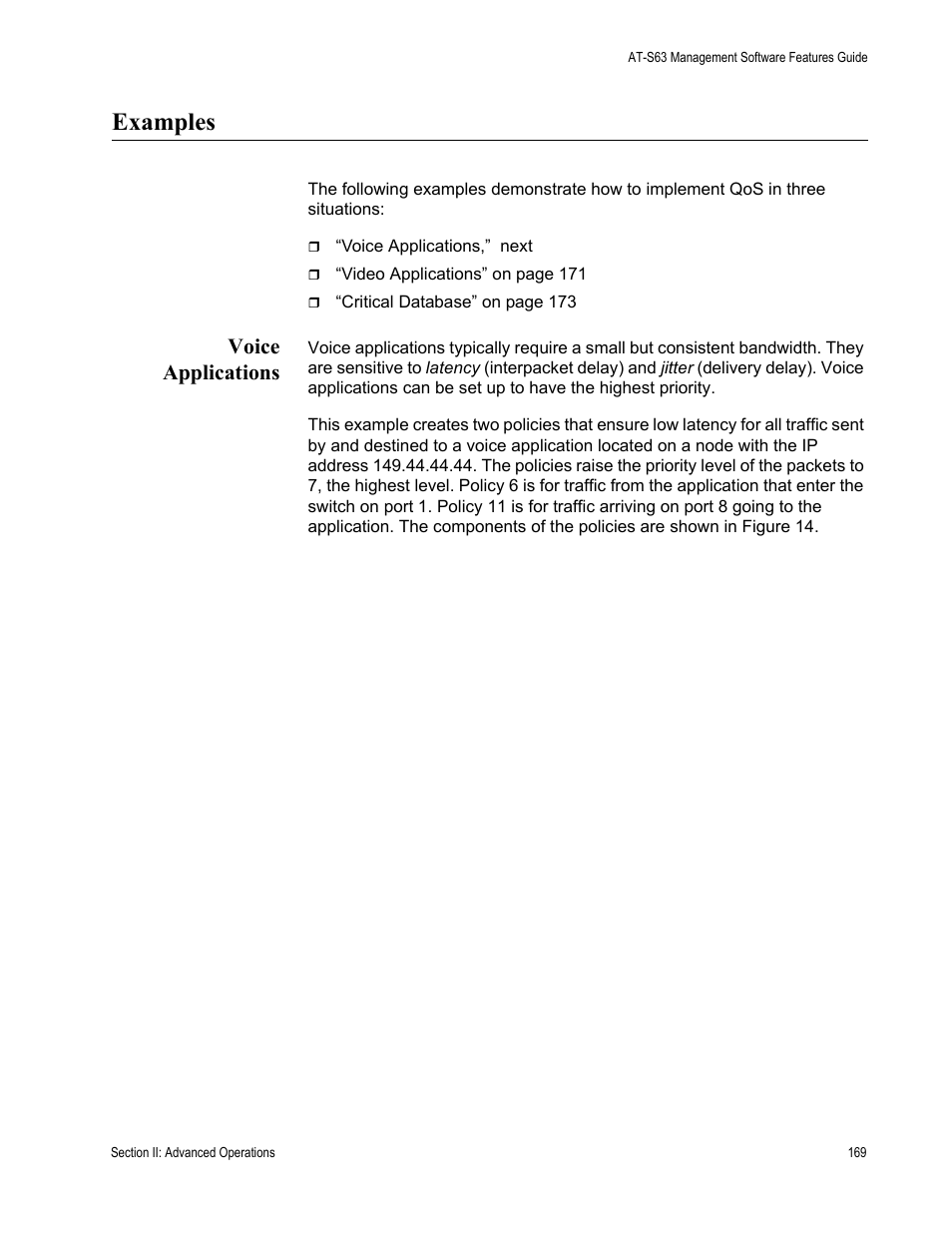 Examples, Voice applications | Allied Telesis AT-S63 User Manual | Page 169 / 538