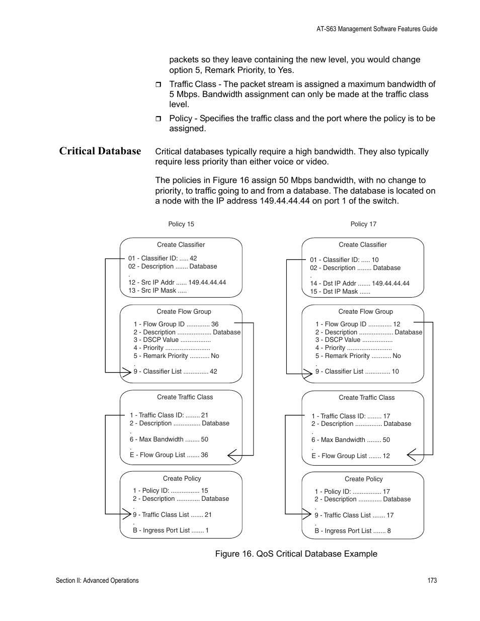 Critical database, Figure 16: qos critical database example | Allied Telesis AT-S63 User Manual | Page 173 / 538