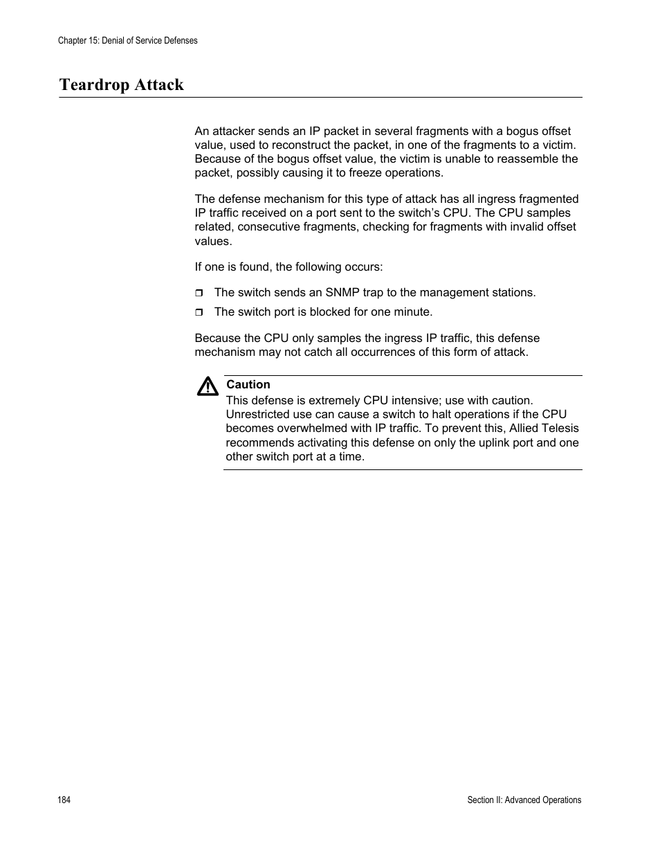 Teardrop attack | Allied Telesis AT-S63 User Manual | Page 184 / 538