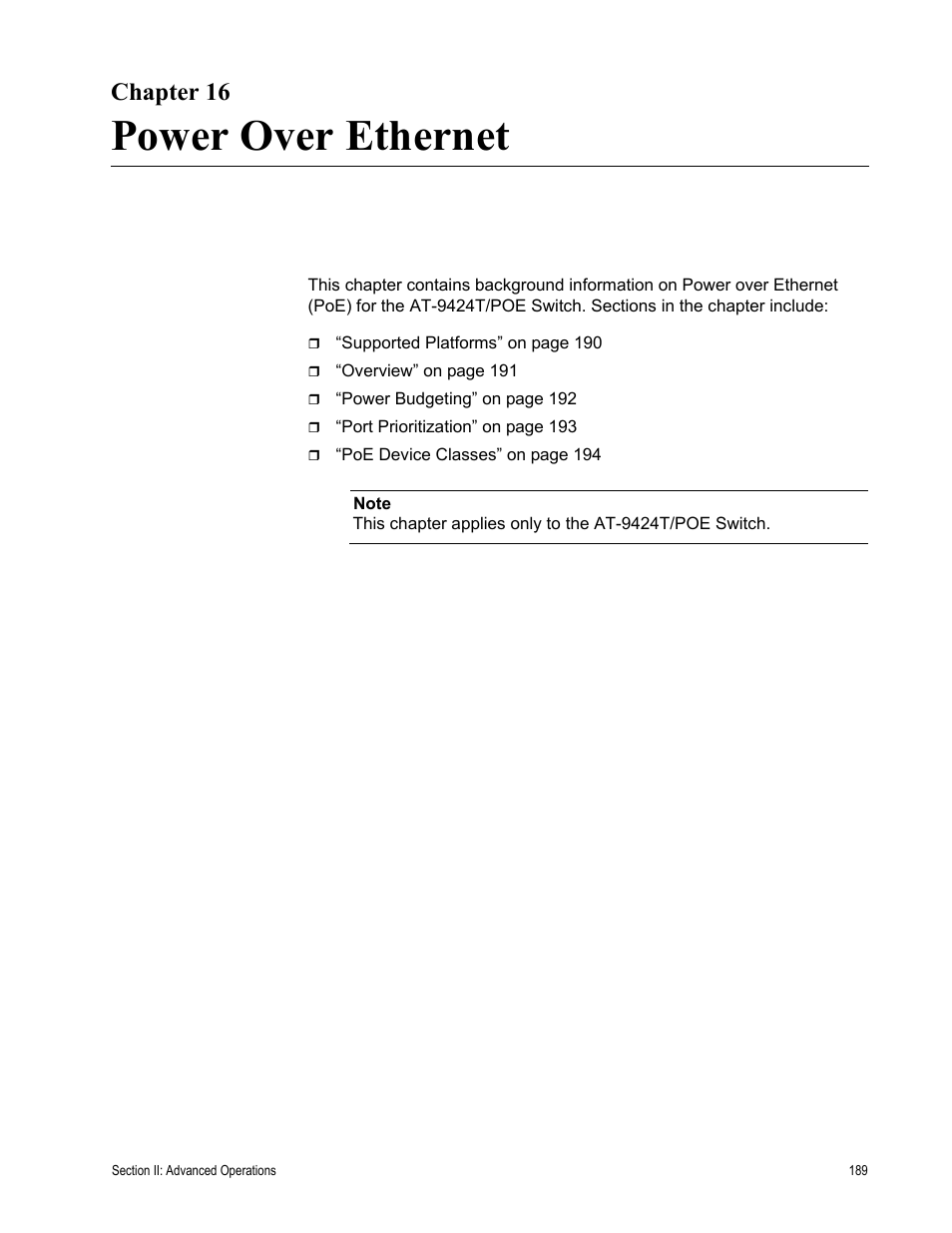 Chapter 16, Power over ethernet | Allied Telesis AT-S63 User Manual | Page 189 / 538