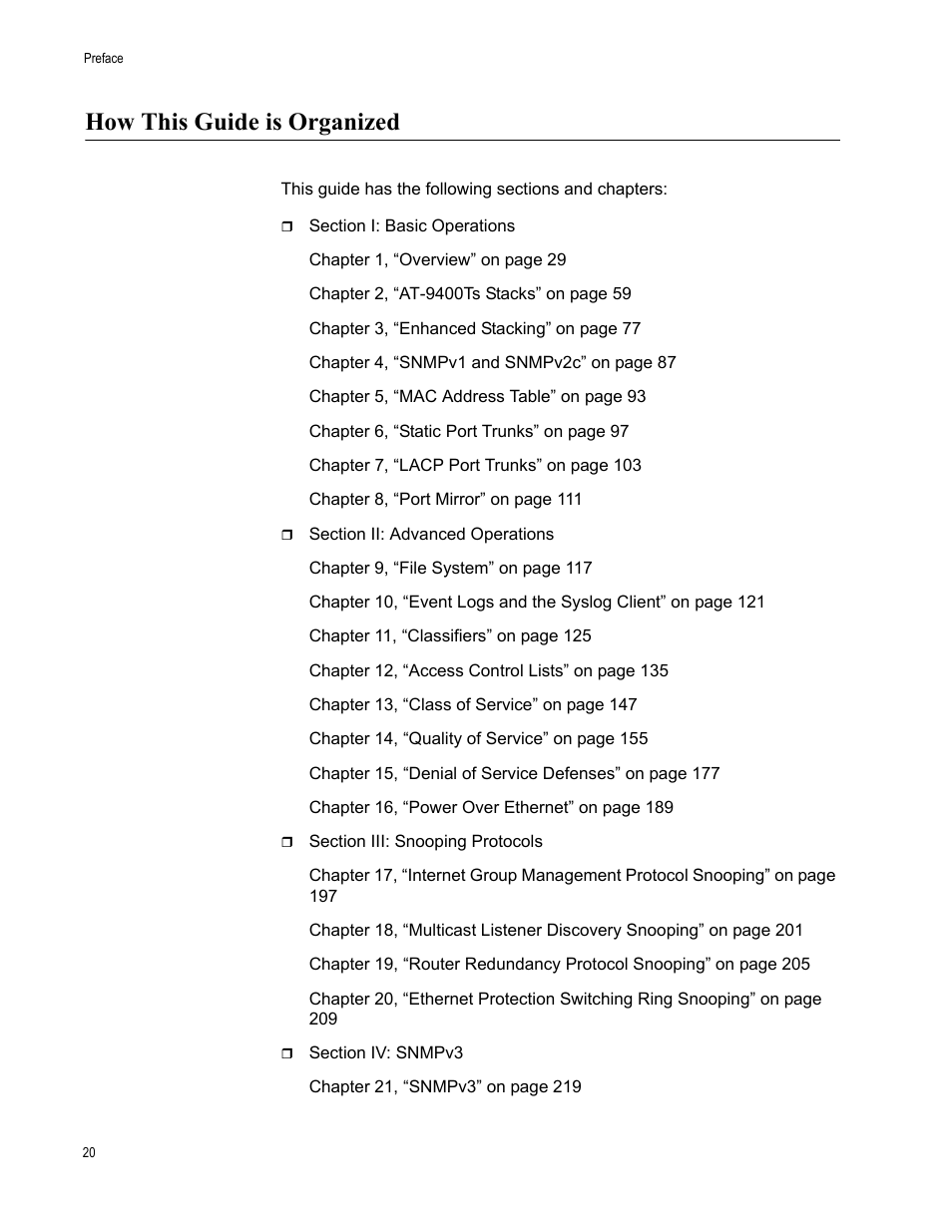 How this guide is organized | Allied Telesis AT-S63 User Manual | Page 20 / 538