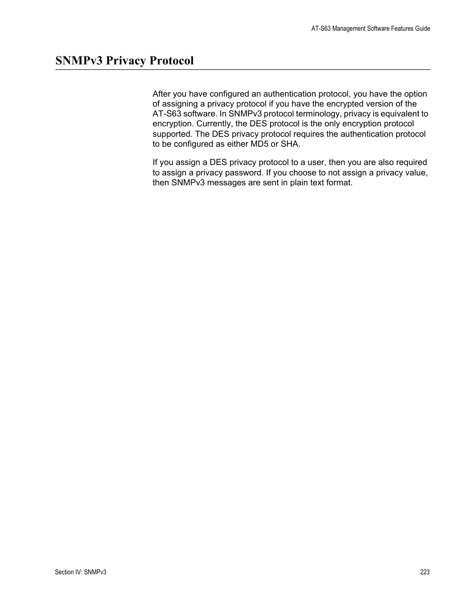 Snmpv3 privacy protocol | Allied Telesis AT-S63 User Manual | Page 223 / 538