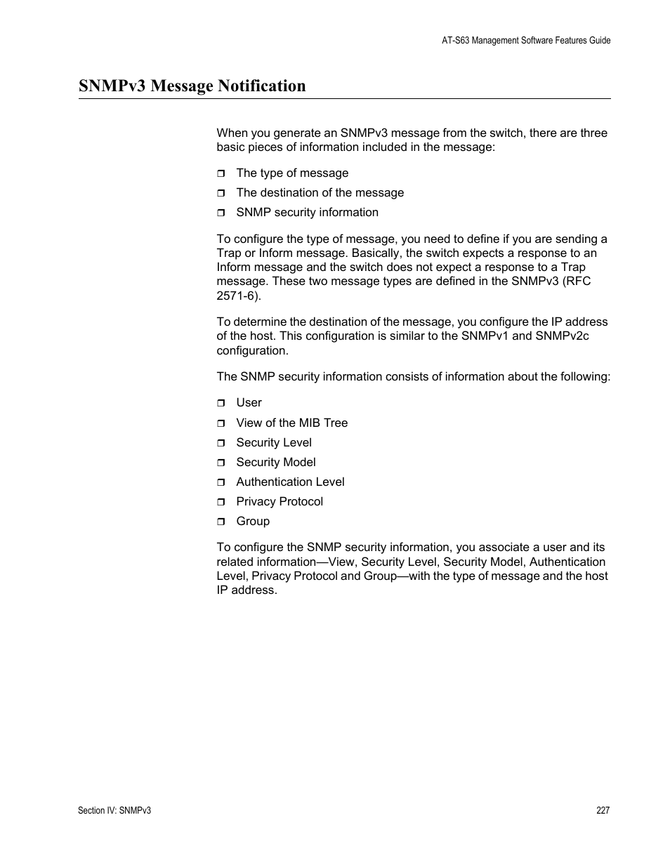 Snmpv3 message notification | Allied Telesis AT-S63 User Manual | Page 227 / 538