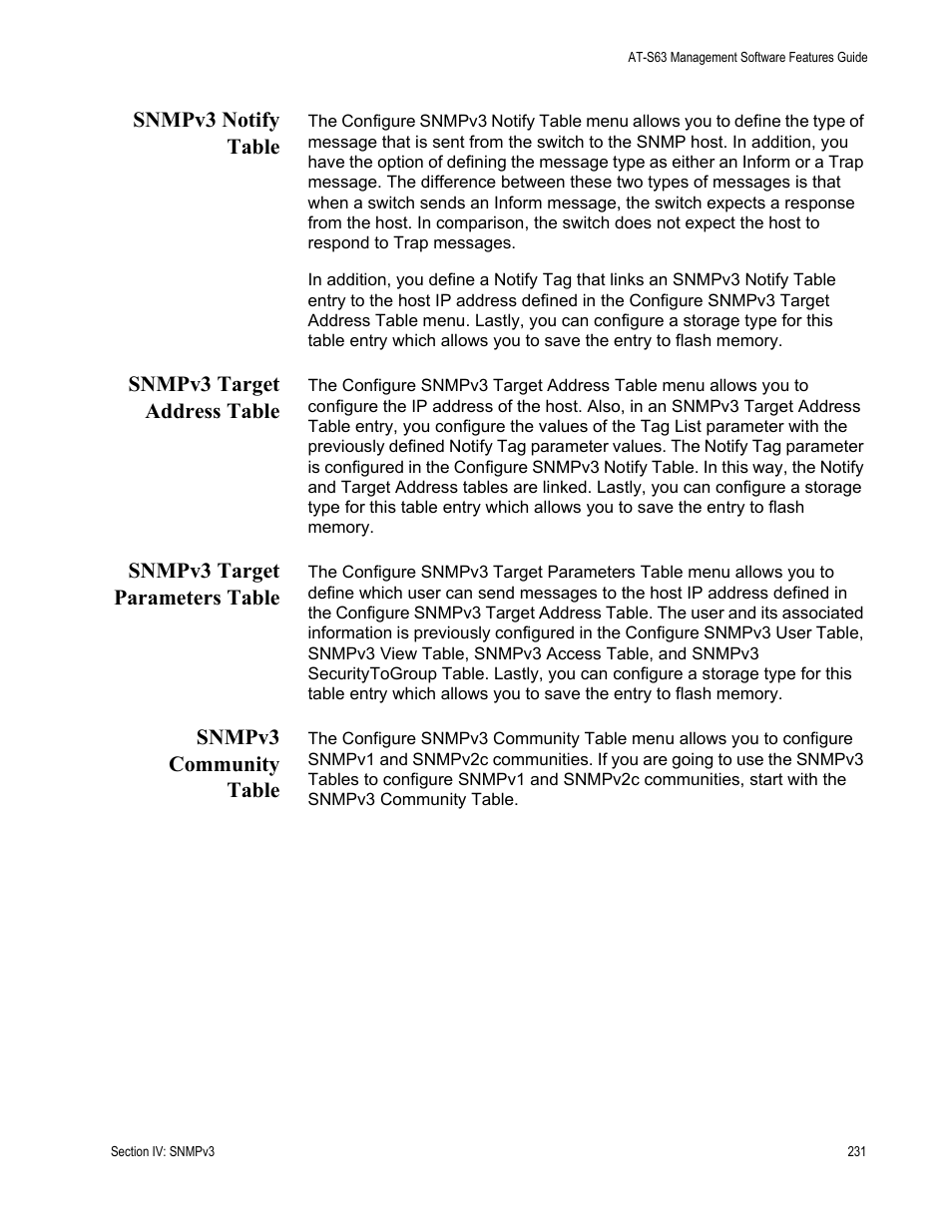 Snmpv3 notify table, Snmpv3 target address table, Snmpv3 target parameters table | Snmpv3 community table | Allied Telesis AT-S63 User Manual | Page 231 / 538