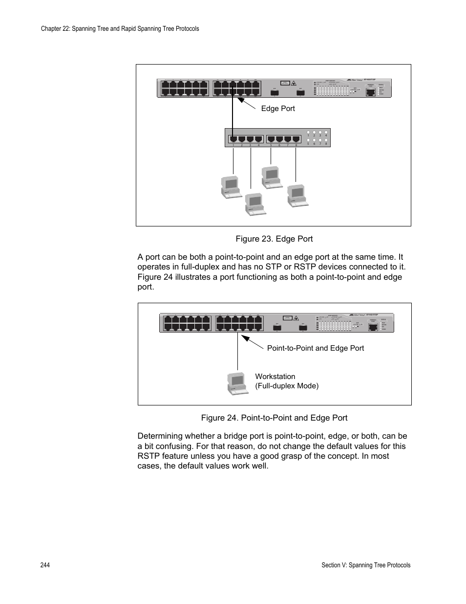 Edge port, Point-to-point and edge port, Workstation (full-duplex mode) | Class 1 laser product, L/a d/c d/c l/a d/c l/a | Allied Telesis AT-S63 User Manual | Page 244 / 538