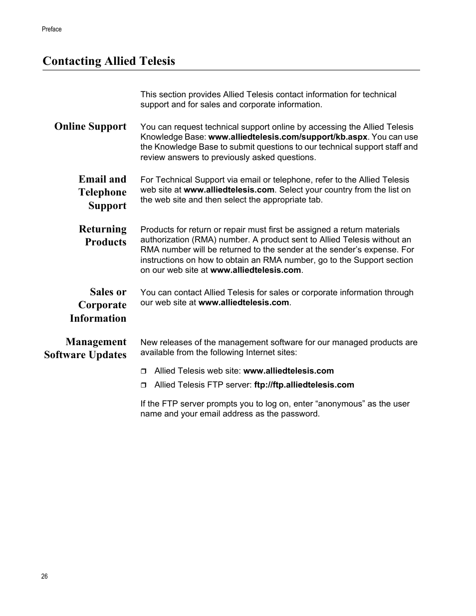 Contacting allied telesis, Online support, Email and telephone support | Returning products, Sales or corporate information, Management software updates | Allied Telesis AT-S63 User Manual | Page 26 / 538